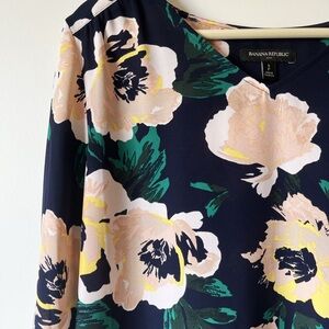 Banana Republic Navy Floral Blouse with Pink Flowers.